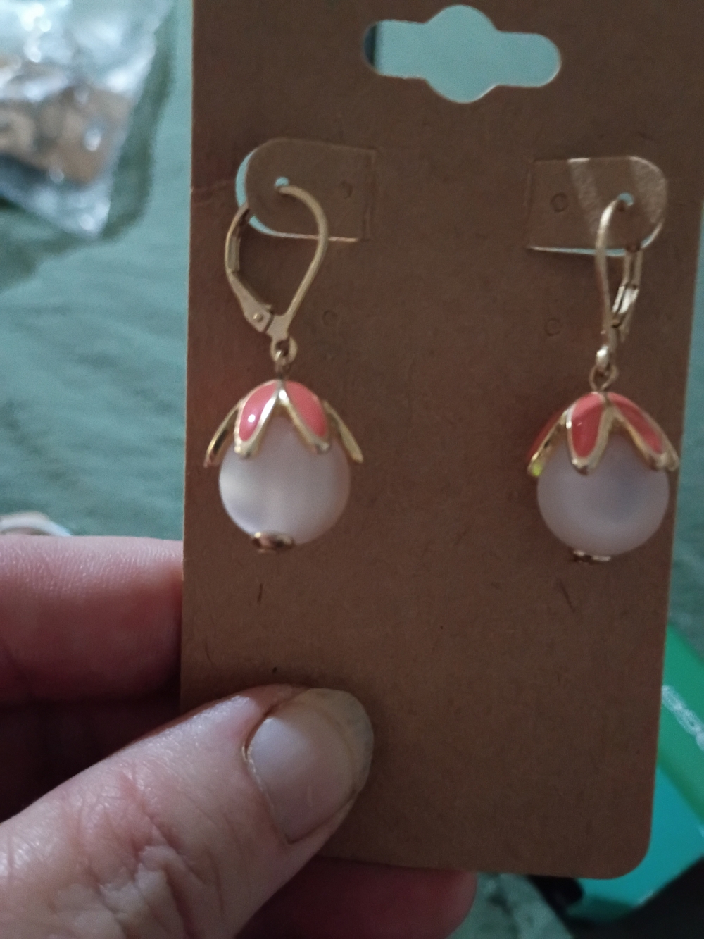 Gold-Tone Pink Cap White Bead Drop Earrings